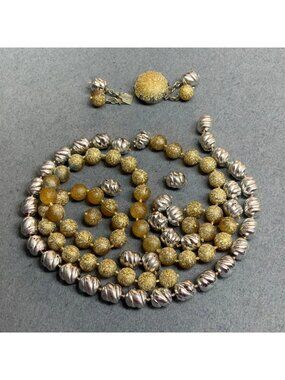 DIY Double Strand Necklace 13 In Textured Gold Silver Beaded Vintage Retro Glam